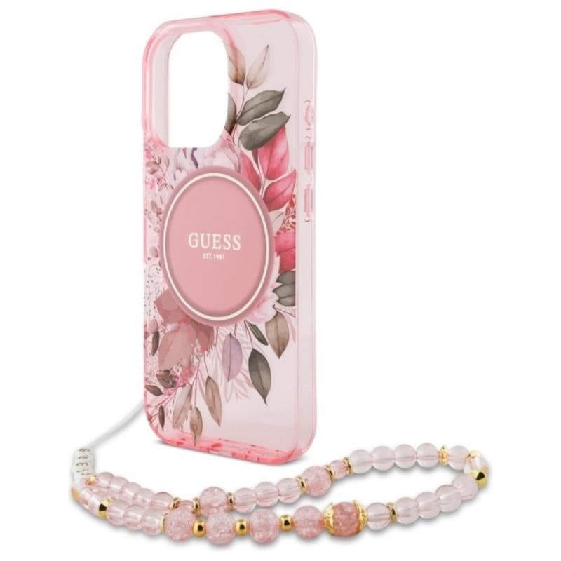 Guess IML Flowers With Pearl Strap MagSafe - Case for iPhone 16 Pro Max (Pink) 5