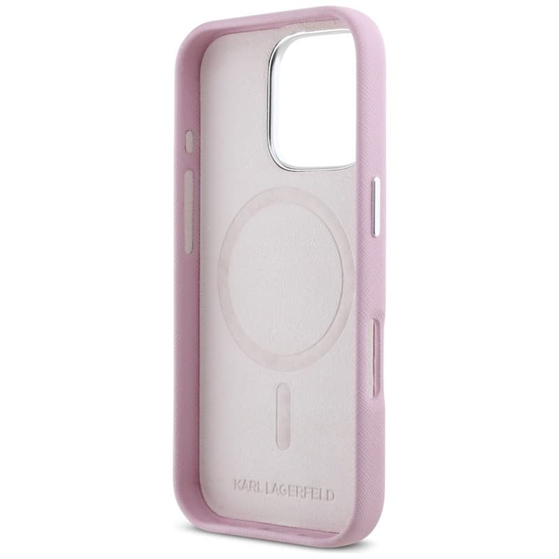 Karl Lagerfeld Saffiano Full Wrapped Elongated Metal Logo MagSafe - Case for iPhone 16 Pro (pink) 7