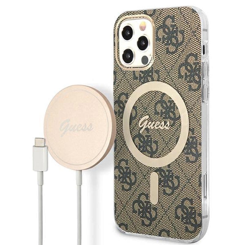 Guess Bundle Pack MagSafe 4G - Set of case for iPhone 12 / iPhone 12 Pro + MagSafe charger (Brown/Gold) 1