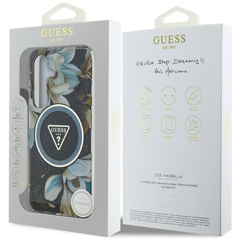 Guess Glitter Flowers Triangle Buttons MagSafe - Case for Samsung Galaxy S25 (black) 8