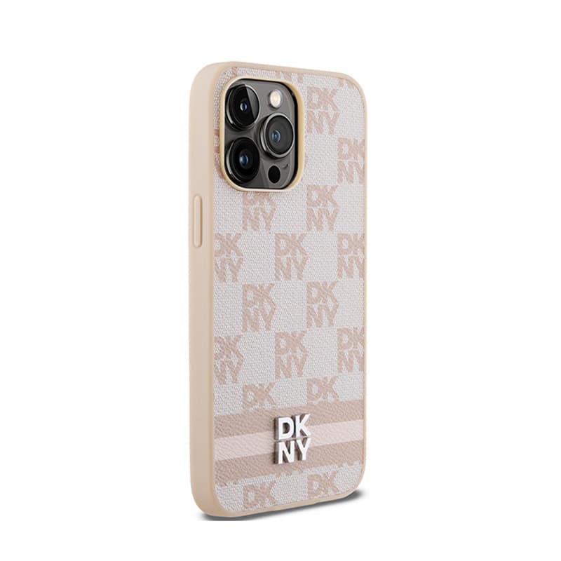 DKNY Leather Checkered Mono Pattern & Printed Stripes - Case for iPhone 14 Pro Max (pink) 4