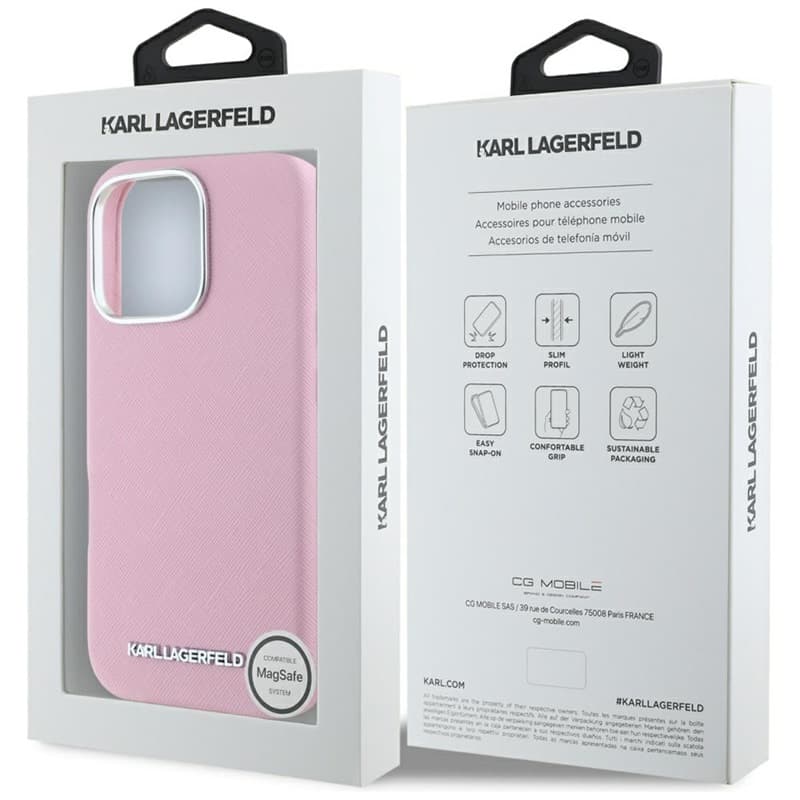 Karl Lagerfeld Saffiano Full Wrapped Elongated Metal Logo MagSafe - Case for iPhone 16 Pro (pink) 8