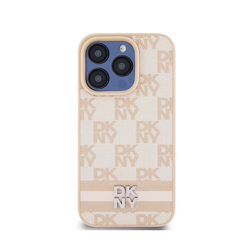 DKNY Leather Checkered Mono Pattern & Printed Stripes - Case for iPhone 15 Pro Max (pink) 3