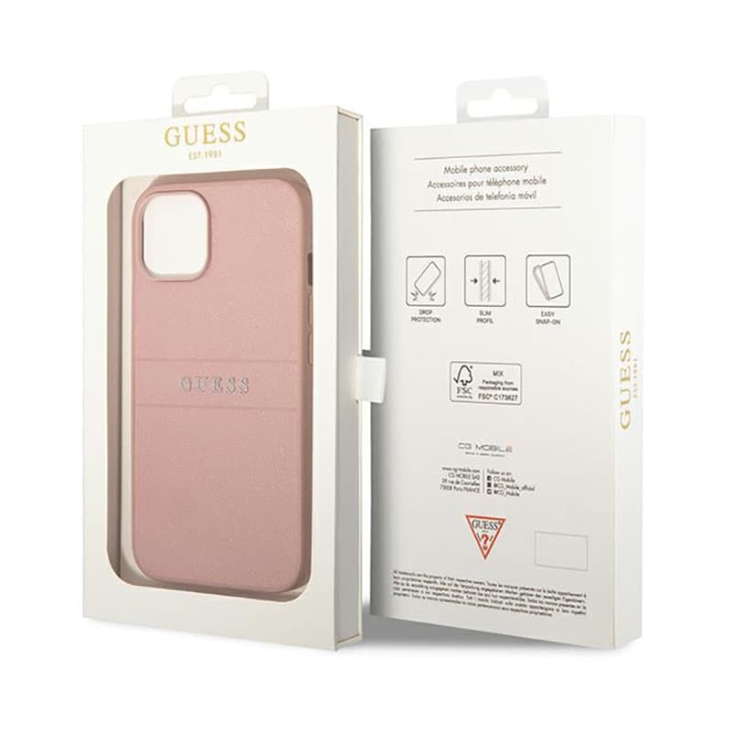 Guess Saffiano Metal Logo Stripes - Case for iPhone 14 Plus (Pink) 8