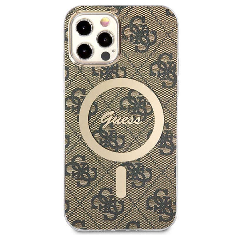 Guess Bundle Pack MagSafe 4G - Set of case for iPhone 12 / iPhone 12 Pro + MagSafe charger (Brown/Gold) 4