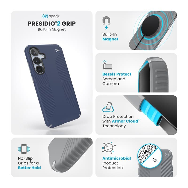 Speck Presidio2 Grip Magnet - Samsung Galaxy S25+ / 24+ MagSafe Case (Coastal Blue/Dust Gray/White) 7