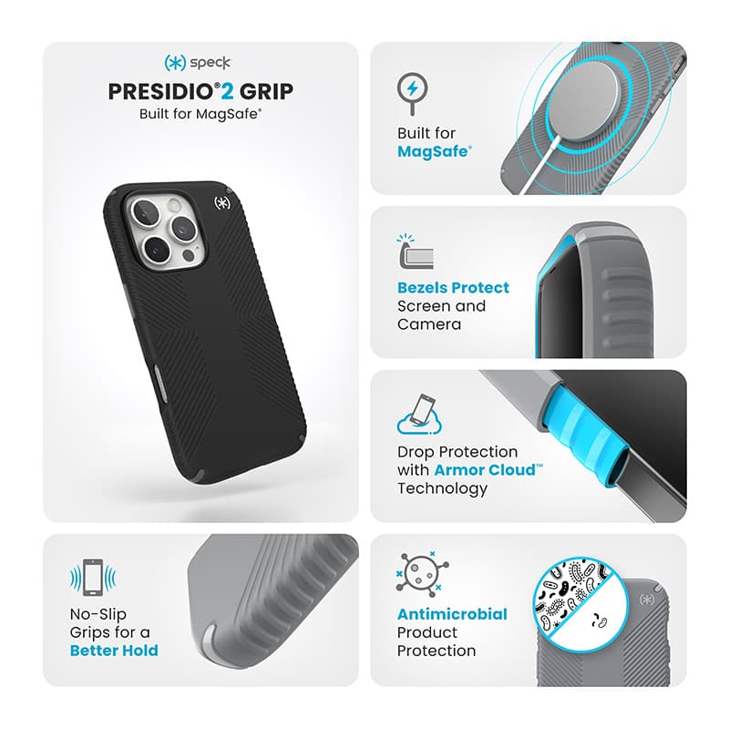 Speck Presidio2 Grip - iPhone 16 Pro Case (Black / Slate Gray / White) 6