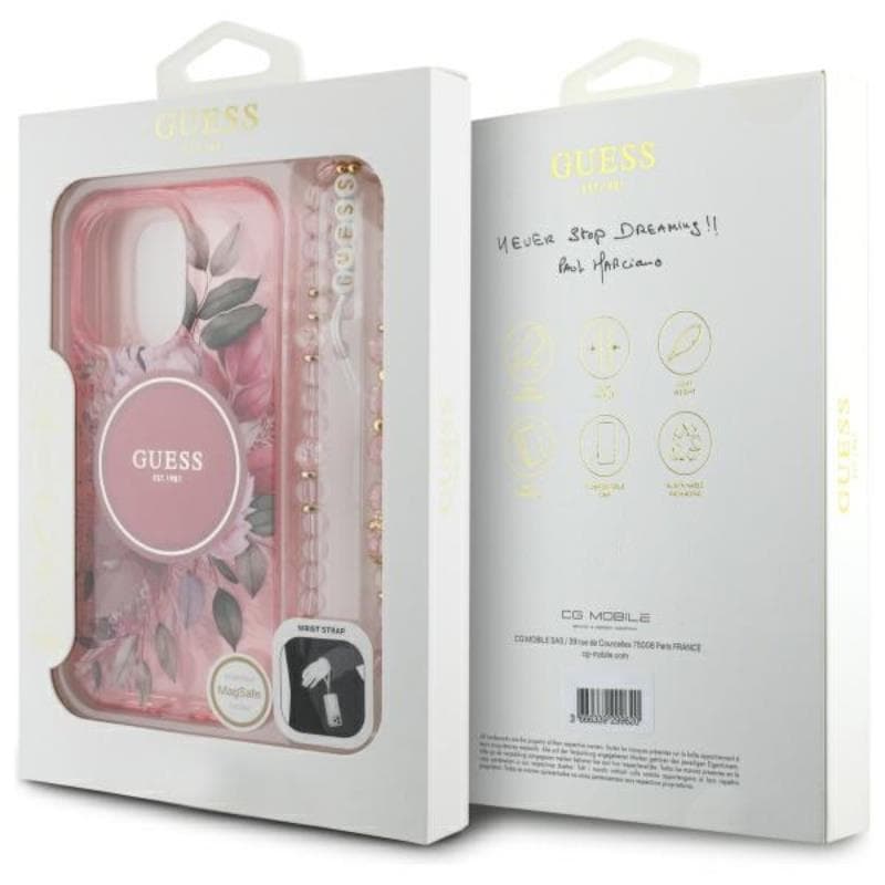 Guess IML Flowers With Pearl Strap MagSafe - Case for iPhone 16 Pro Max (Pink) 7