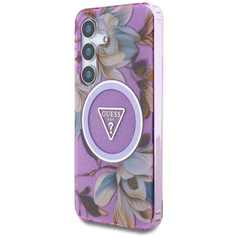 Guess Glitter Flowers Triangle Buttons MagSafe - Case for Samsung Galaxy S25 (purple) 2