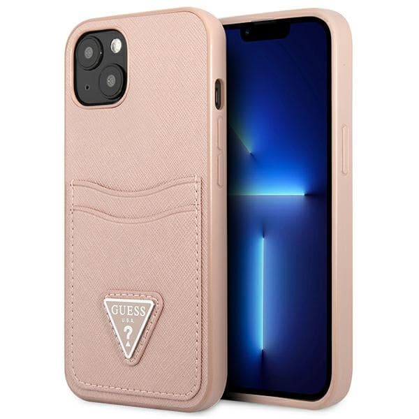 Guess Saffiano Double Card Triangle - Cover for iPhone 13  (Pink)