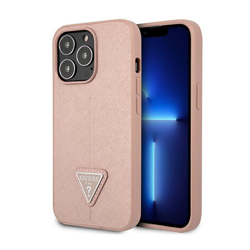 Guess Saffiano Triangle Logo Case - Case for iPhone 14 Pro (Pink) 1