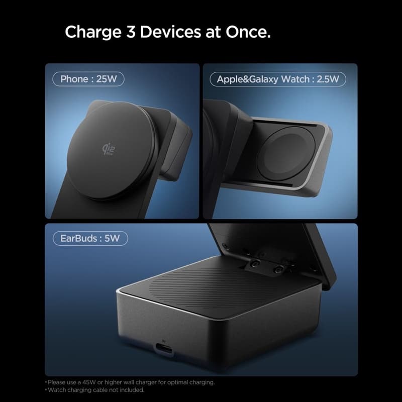 Spigen EF323MQ Essential - MagSafe 3-in-1 Wireless Charger for iPhone, AirPods and Apple Watch 25W Qi 2.2 (Black) 8