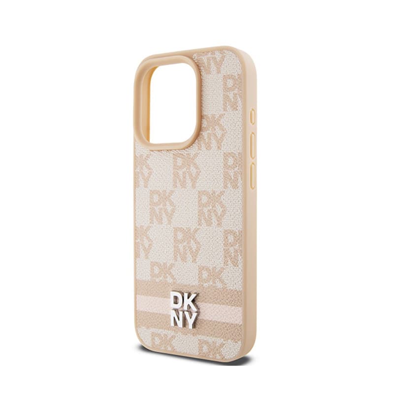 DKNY Leather Checkered Mono Pattern & Printed Stripes - Case for iPhone 15 Pro Max (pink) 6
