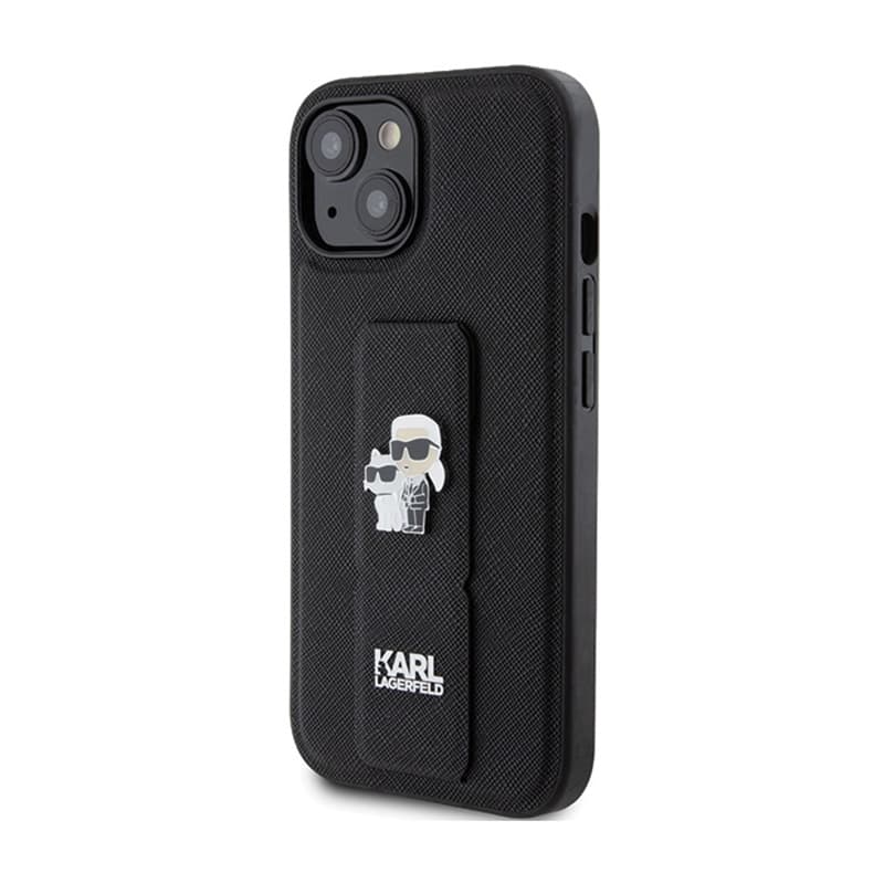 Karl Lagerfeld Gripstand Saffiano Karl & Choupette Pins - iPhone 15 Plus Case (Black) 2