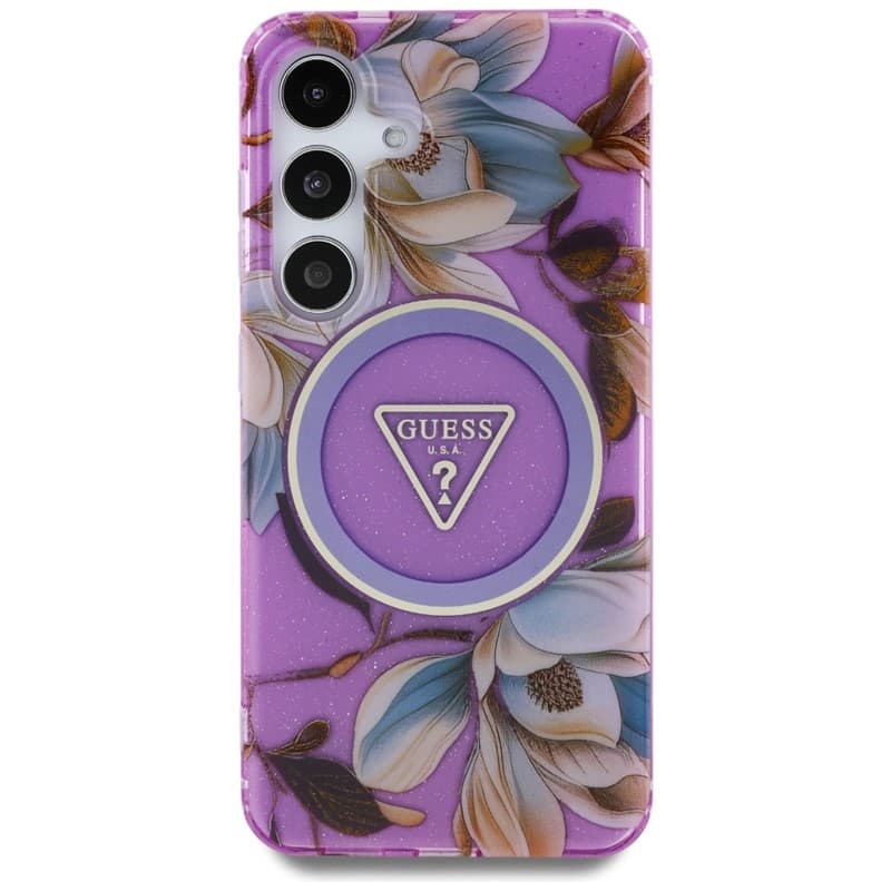 Guess Glitter Flowers Triangle Buttons MagSafe - Case for Samsung Galaxy S25 (purple) 3