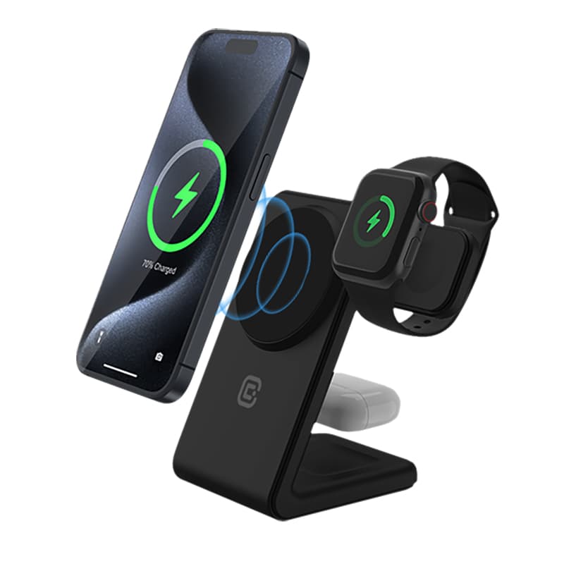 Crong MagSpot Pivot Stand - 3-in-1 Wireless Charger with MagSafe for iPhone, Apple Watch, and AirPods (Black) 1