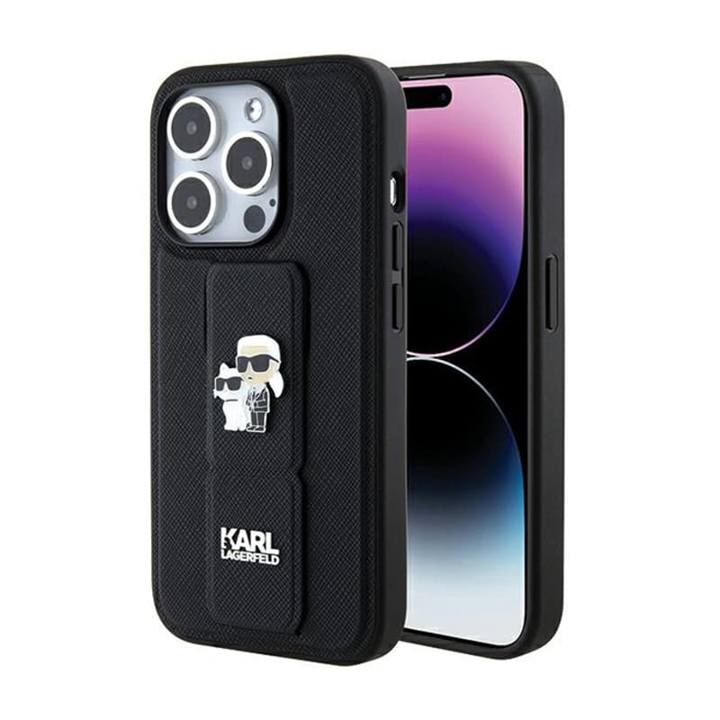 Karl Lagerfeld Gripstand Saffiano Karl & Choupette Pins - iPhone 15 Pro Max Case (Black)