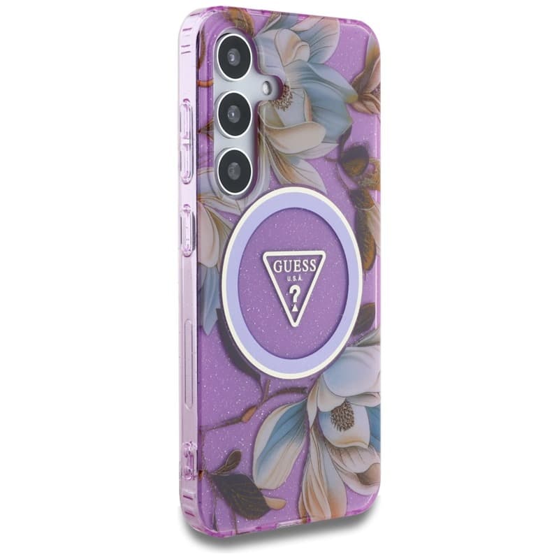 Guess Glitter Flowers Triangle Buttons MagSafe - Case for Samsung Galaxy S25 (purple) 4