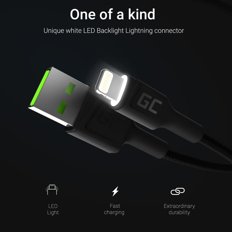 Cable Green Cell Ray USB-A - Lightning White LED 200cm with support for Apple 2.4A fast charging 3