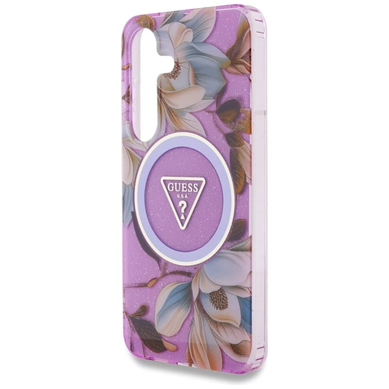 Guess Glitter Flowers Triangle Buttons MagSafe - Case for Samsung Galaxy S25 (purple) 6