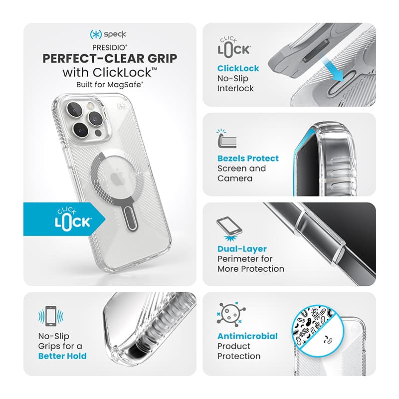 Speck Presidio Perfect-Clear Grip ClickLock & MagSafe - iPhone 16 Pro Max Case (Clear / Chrome Finish / Serene Silver) 3