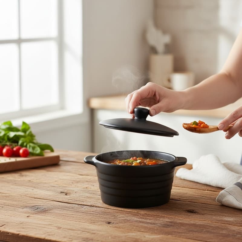 Alpina - Ceramic ovenproof dish with lid, round, 13x10 cm, 210 ml (black) 3