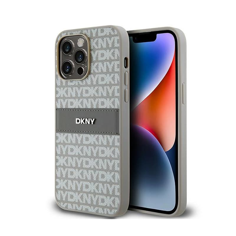 DKNY Leather Mono Stripe & Metal Logo - Case for iPhone 14 Pro Max (beige) 1