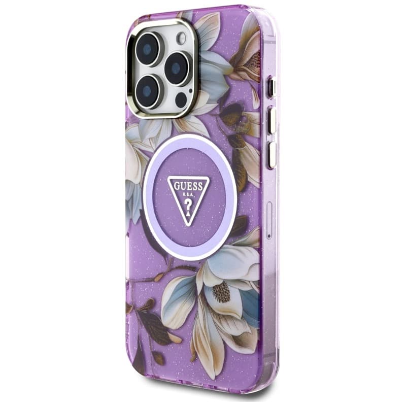 Guess Glitter Flowers Triangle Buttons MagSafe - Case for iPhone 16 Pro (purple) 2