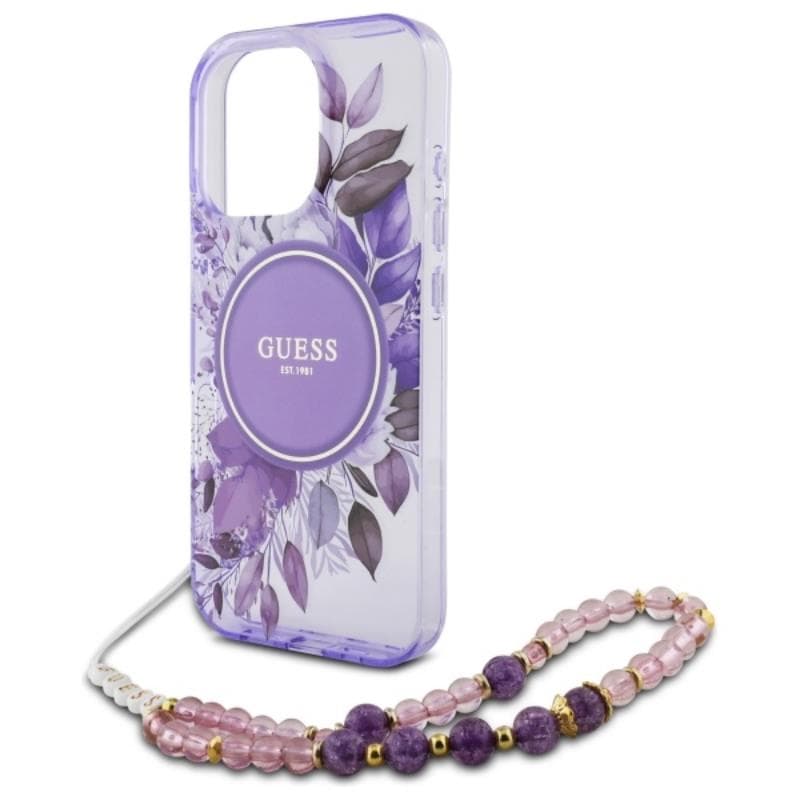 Guess IML Flowers With Pearl Strap MagSafe - Case for iPhone 16 Pro Max (Purple) 5