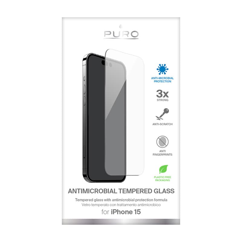 PURO Anti-Bacterial Tempered Glass - Tempered protective glass with antimicrobial protection iPhone 15 2