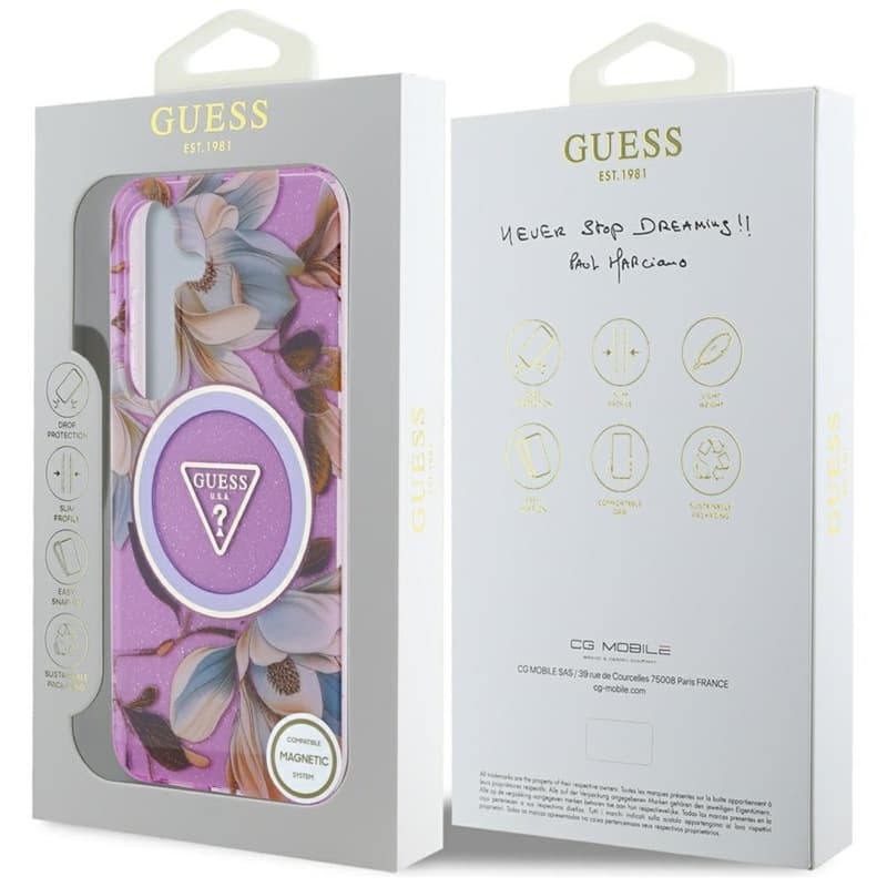 Guess Glitter Flowers Triangle Buttons MagSafe - Case for Samsung Galaxy S25 (purple) 8