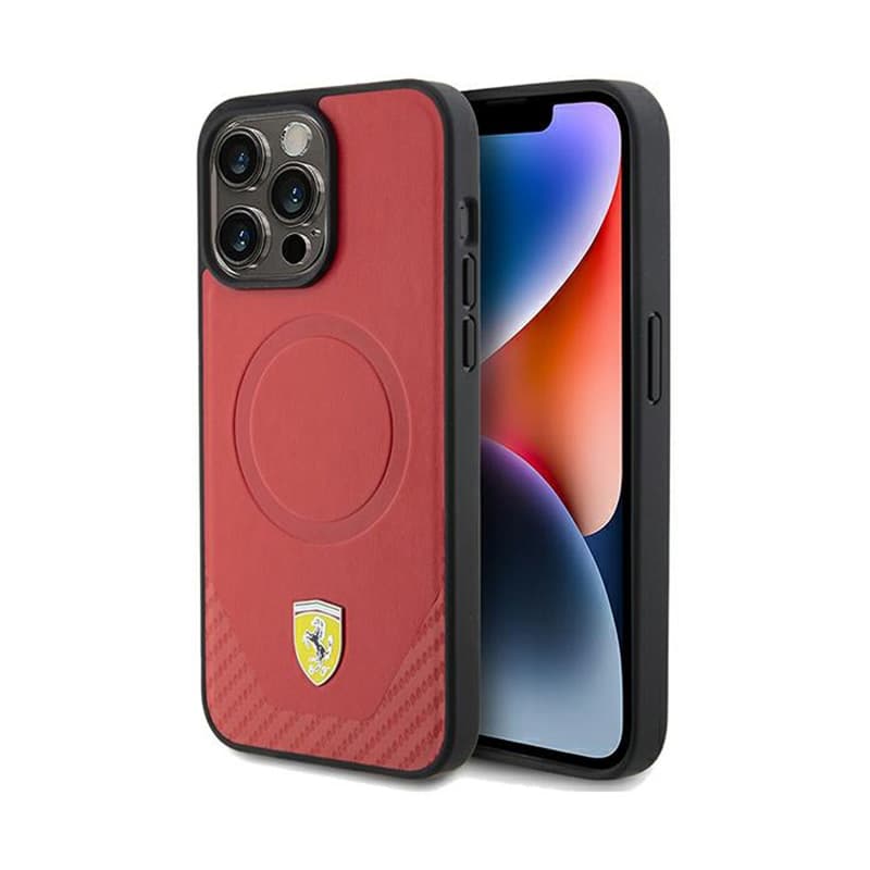 Ferrari Carbon Metal Logo MagSafe - Case for iPhone 15 Pro Max (Red)