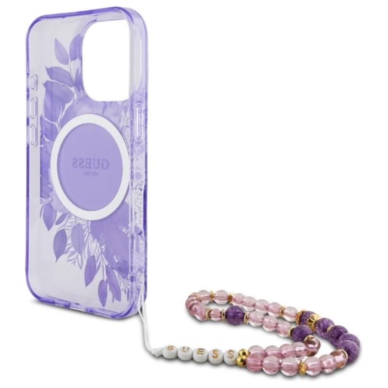 Guess IML Flowers With Pearl Strap MagSafe - Case for iPhone 16 Pro Max (Purple) 6