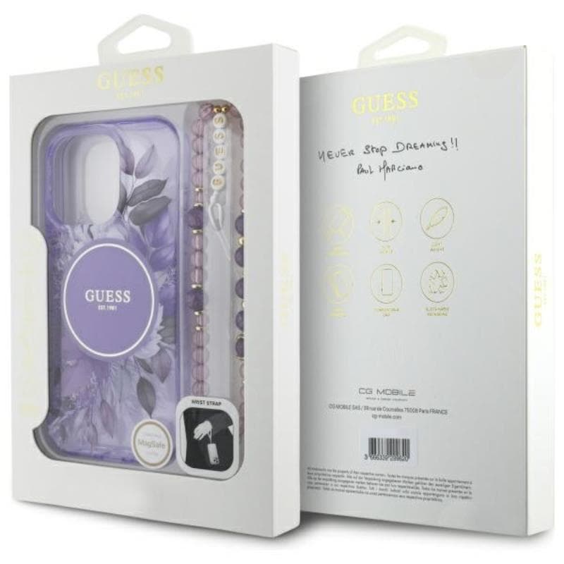 Guess IML Flowers With Pearl Strap MagSafe - Case for iPhone 16 Pro Max (Purple) 7