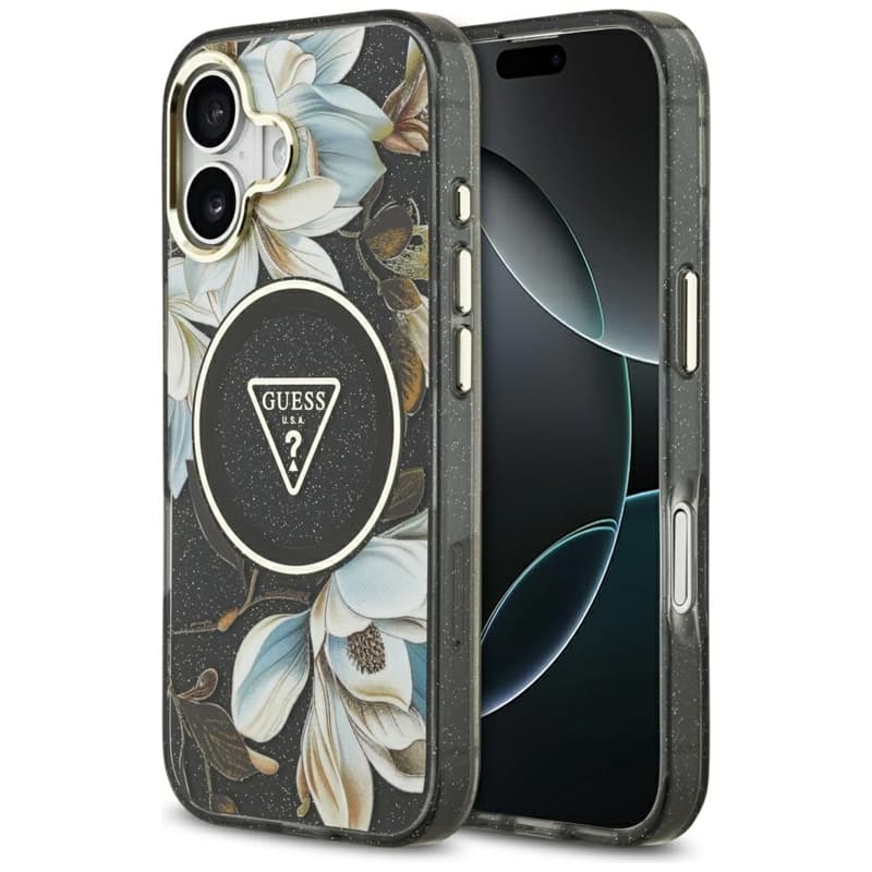 Guess IML Glitter Flowers Triangle MagSafe - Case iPhone 17 (black)