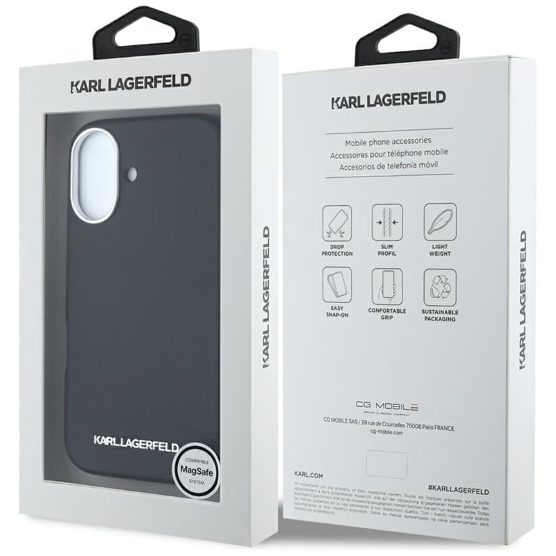 Karl Lagerfeld Saffiano Full Wrapped Elongated Metal Logo MagSafe - Case for iPhone 16 (black) 8
