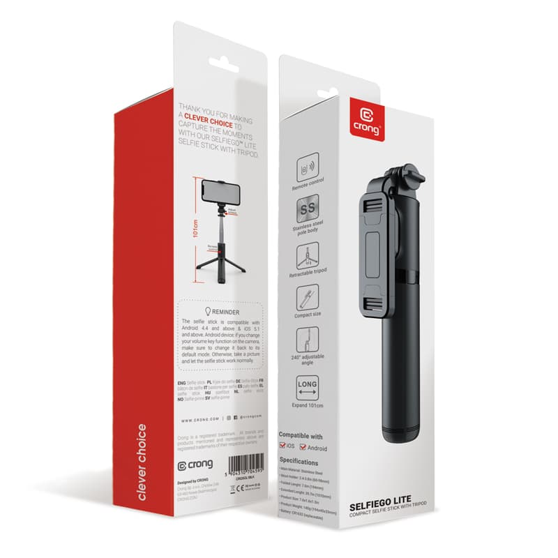 Crong SelfieGo Lite – Compact Bluetooth Selfie Stick Tripod (Black) 8