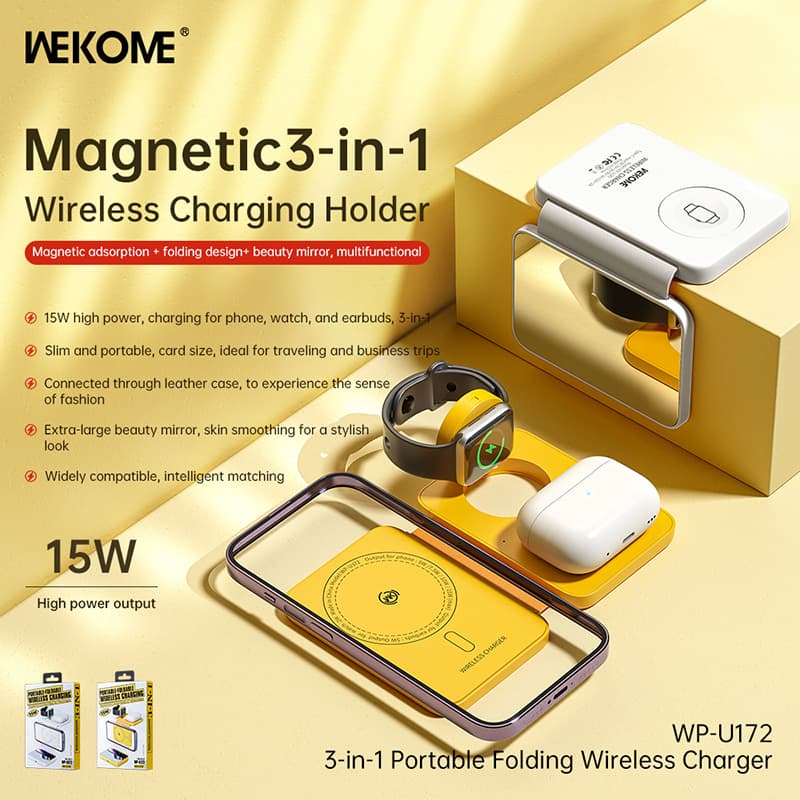WEKOME WP-U172 - 3-in-1 Wireless Charger with MagSafe for iPhone, Apple Watch, and AirPods + Mirror (Yellow) 2