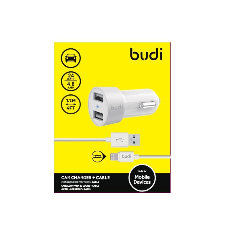 Budi - 2 USB car charger with LED indicator+lightning cable 2