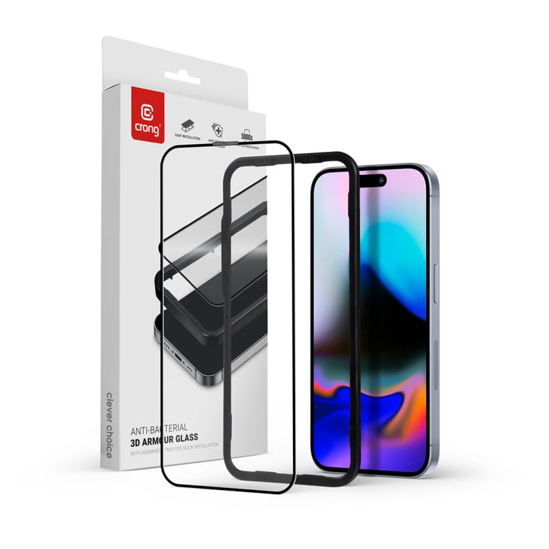 Crong Anti-Bacterial 3D Armor Glass - 9H Full Glue Tempered Glass for iPhone 16 Pro + Installation Frame