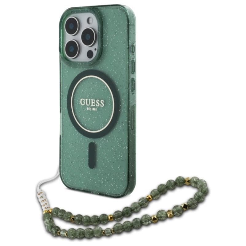 Guess IML Glitter With Pearl Strap MagSafe - Case for iPhone 16 Pro Max (Green)