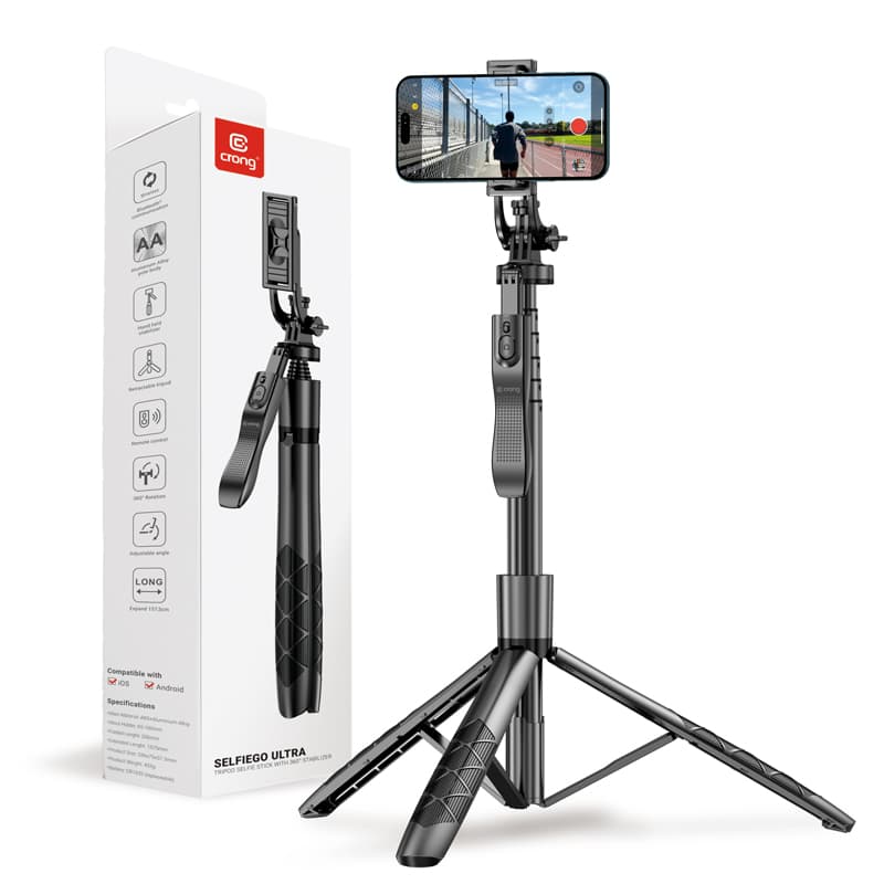 Crong SelfieGo Ultra – Aluminum Bluetooth Selfie Stick Tripod (Black) 1