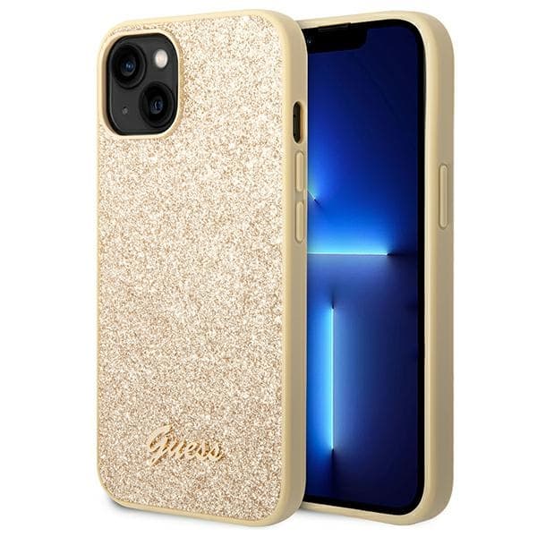 Guess Glitter Flakes Metal Logo Case - Case for iPhone 14 (Gold) 1