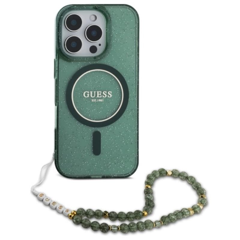 Guess IML Glitter With Pearl Strap MagSafe - Case for iPhone 16 Pro Max (Green) 2