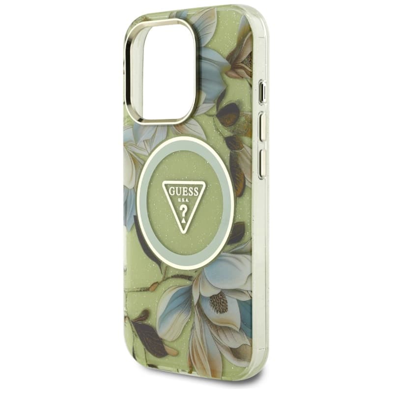 Guess Glitter Flowers Triangle Buttons MagSafe - Case for iPhone 16 Pro Max (green) 6
