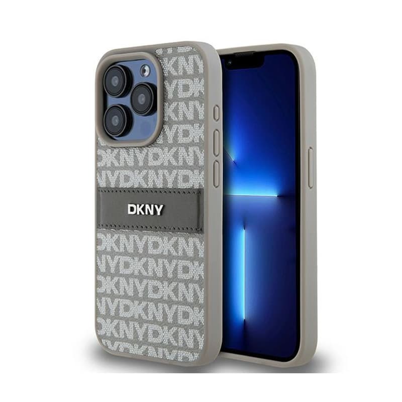 DKNY Leather Mono Stripe & Metal Logo - Case for iPhone 15 Pro Max (beige) 1