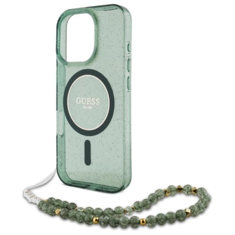 Guess IML Glitter With Pearl Strap MagSafe - Case for iPhone 16 Pro Max (Green) 5