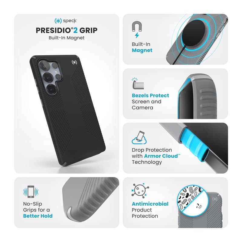 Speck Presidio2 Grip Magnet - Samsung Galaxy S25 Ultra MagSafe Case (Black/Slate Gray/White) 7