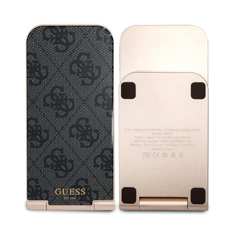 Guess 4G Pattern MagSafe - Foldable 2-in-1 Inductive Charger with MagSafe for iPhone and AirPods 15W (black) 4