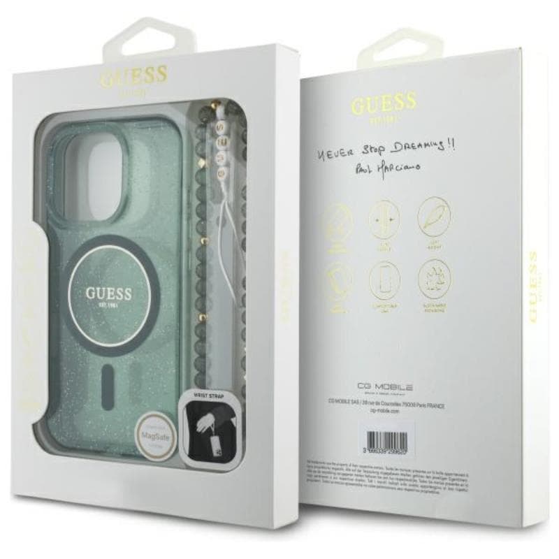 Guess IML Glitter With Pearl Strap MagSafe - Case for iPhone 16 Pro Max (Green) 7